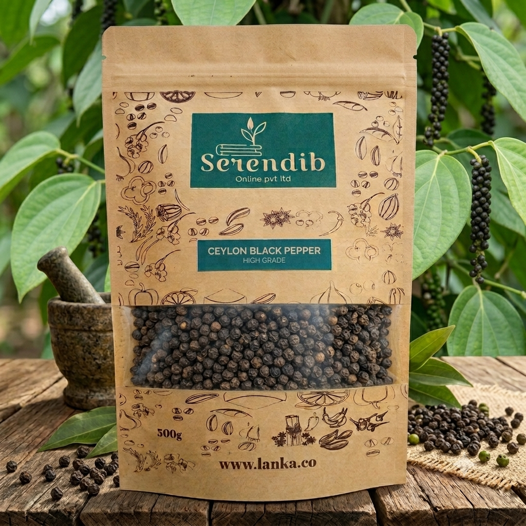 Carft bag filled with Ceylon black pepper corns and Pepper plants in the back ground.