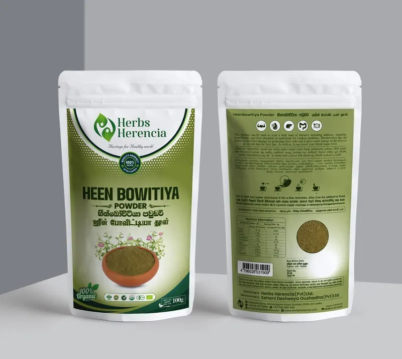 Front and back views of a package of Heen Bovitiya herbal tea powder on a gray background.