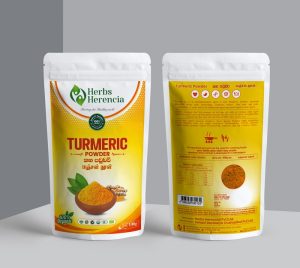 Two packets of Herbs Herencia turmeric powder displayed on a neutral background.