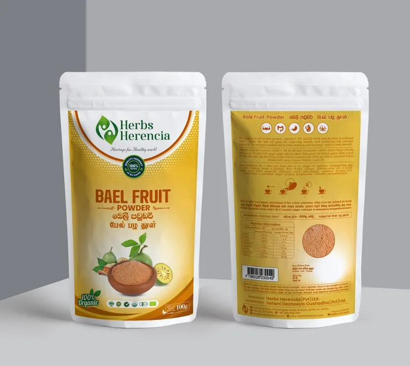 Front and back of a Bael fruit powder pack displayed against a grey background.