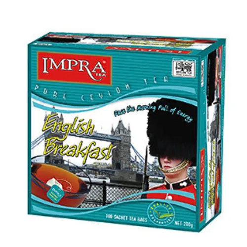 Impra English Breakfast tea gift pack with a colorful design and an image of a old English style guard.