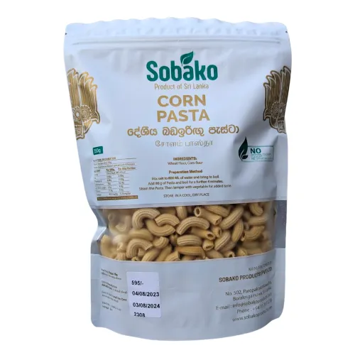 Packet of Sobako Corn Pasta displaying the brand name and nutritional information on a white background.