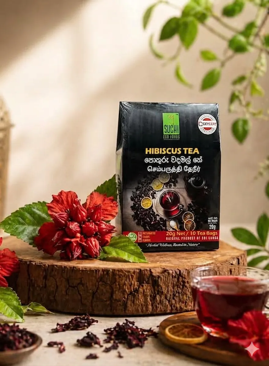 Black and green hibiscus tea pack with red hibiscus flowers in the background.