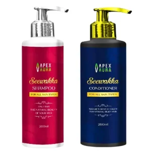 Two 200ml bottles of Apex Aura Seewakka Shampoo and Conditioner side by side on a white background.