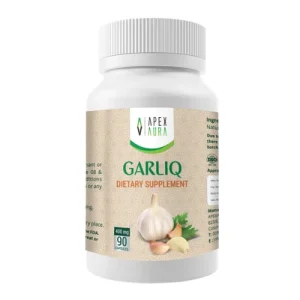 A white bottle of garlic capsules with a green label and an image of garlic cloves.