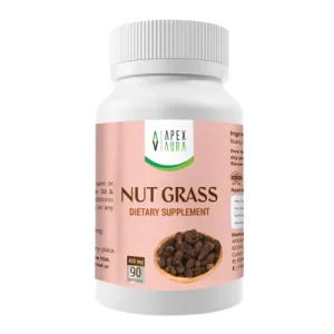 White bottle of Nut Grass capsules with a pink label, showing ingredients and dosage information.