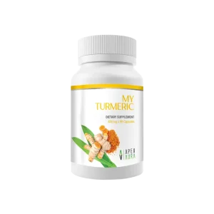 A white bottle of turmeric capsules with a label featuring yellow accents and images of turmeric roots.