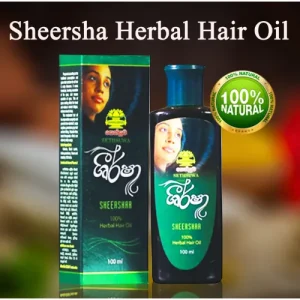Bottle of Sheersha herbal hair oil with green packaging and a label indicating 100% natural ingredients.
