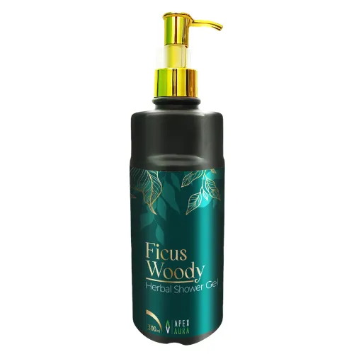 Black bottle of Ficus Woody Herbal Shower Gel with a gold pump and green label displaying product details.
