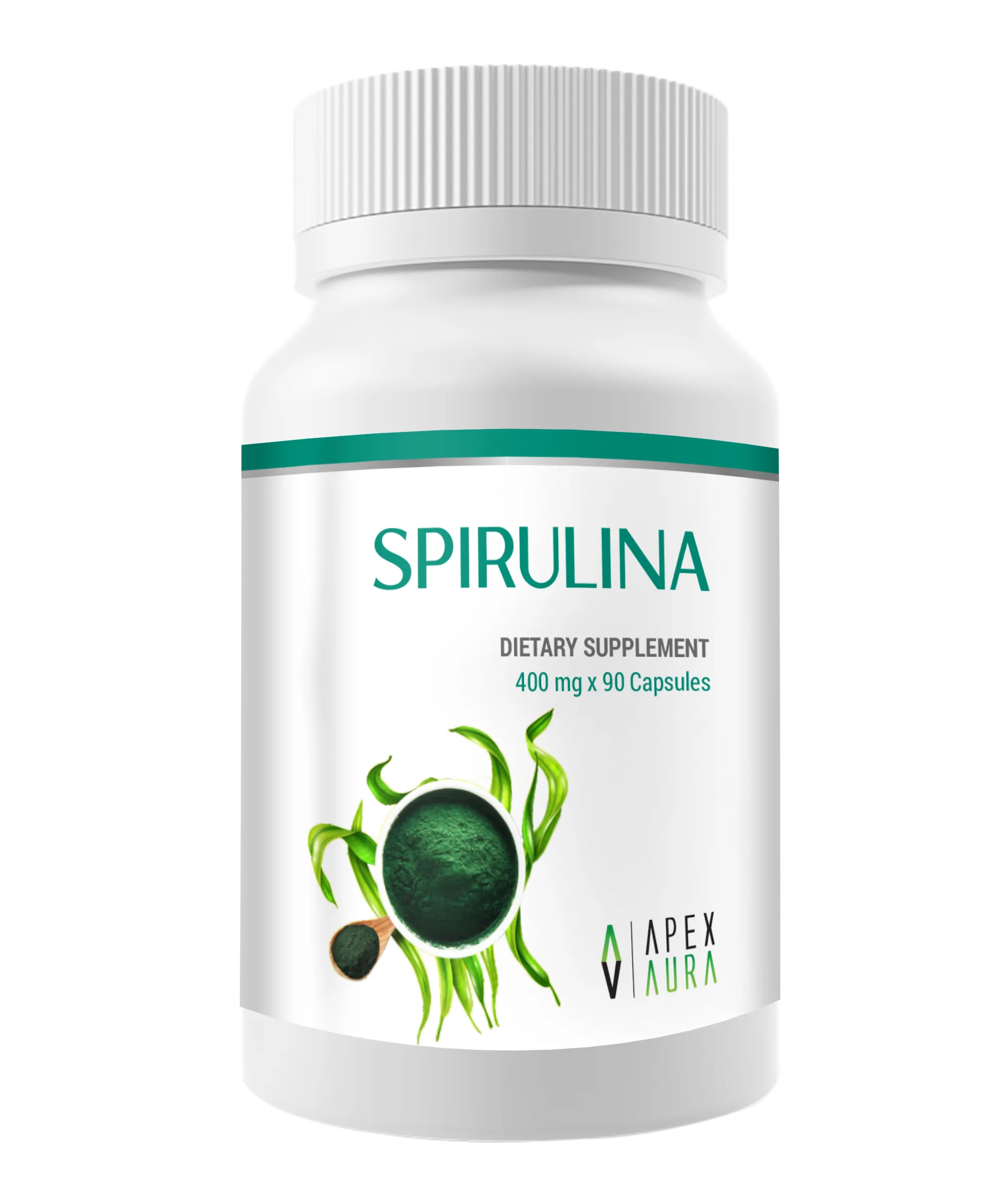 A white bottle of Spirulina dietary supplement with green accents and label text.