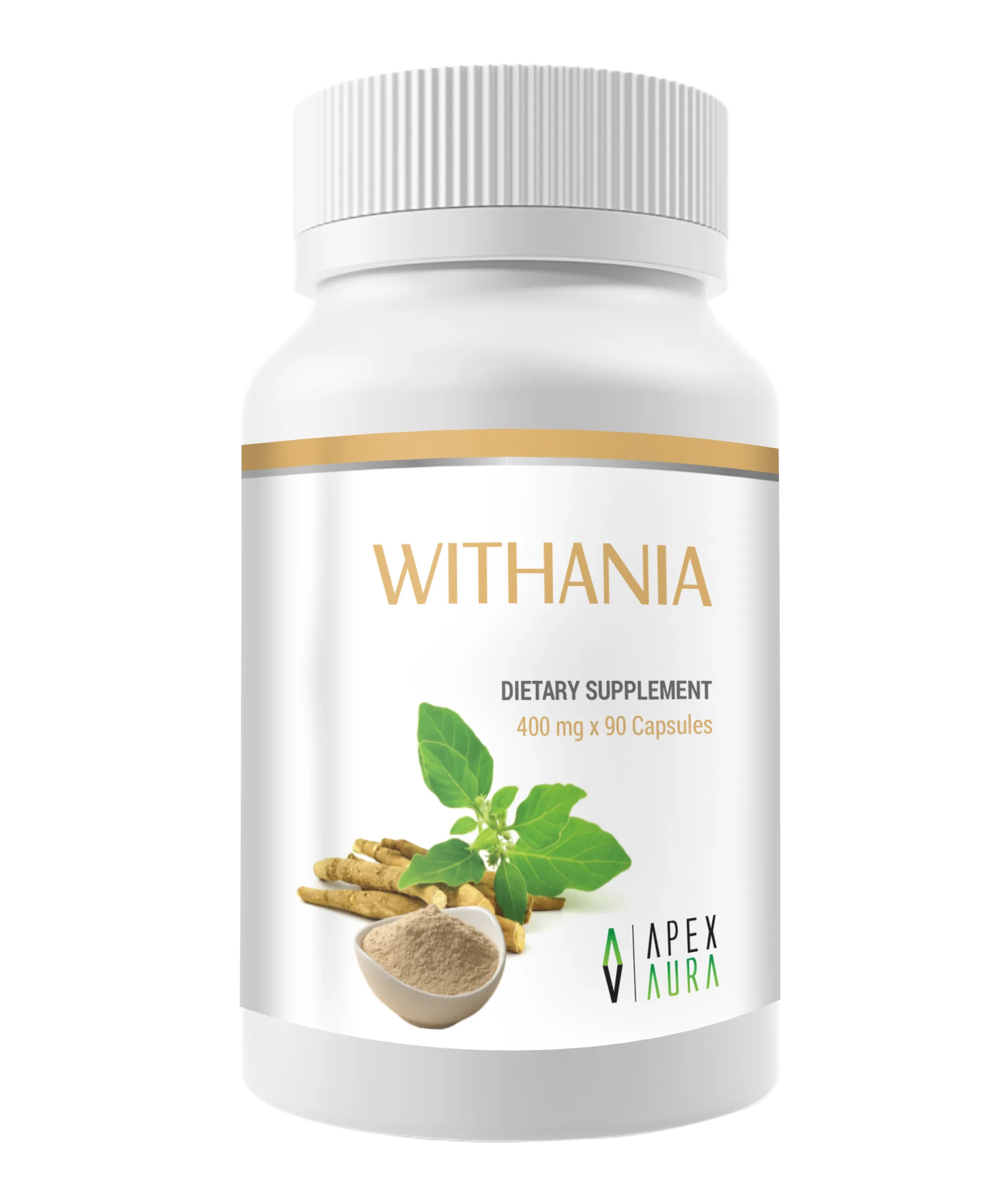 White bottle labeled "Withania," containing herbal capsules and showcasing Ashwagandha roots and powder.