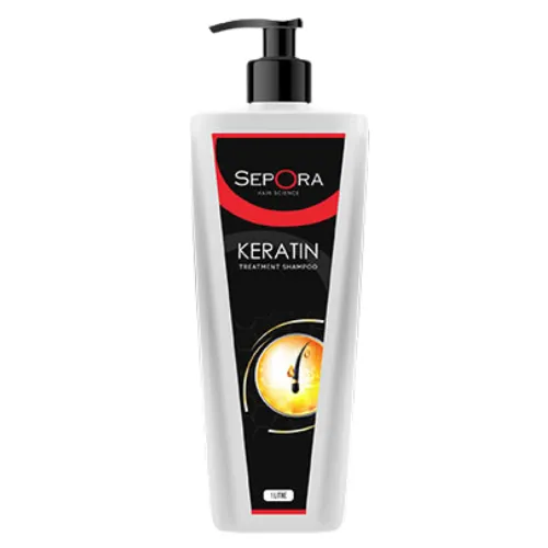 Bottle of Sepora Keratin Treatment Shampoo, featuring sleek packaging with black and red design elements.