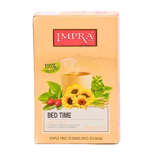 A box of Impra Bedtime Herbal Infusion tea bags featuring a steaming cup and floral decorations.