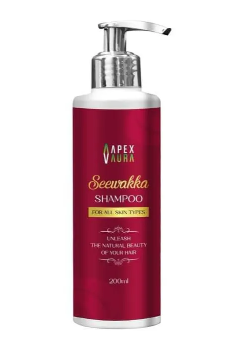 Red bottle of Seewakka Shampoo with pump dispenser, labeled for all skin types, 200ml.