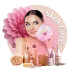 A woman with a flower poses next to various herbal skincare products on a pink background.