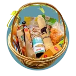 Gift items in a Cane basket.