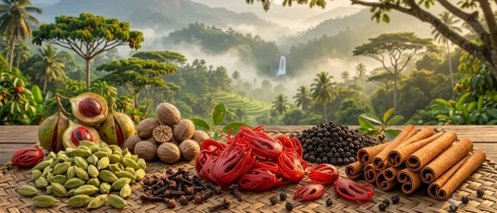 Various type of Ceylon Spices with hill background.